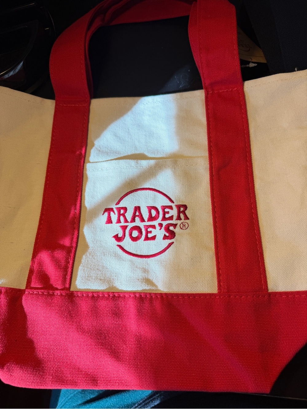 Trader Joe's Red and Cream Mini Canvas Tote Bag